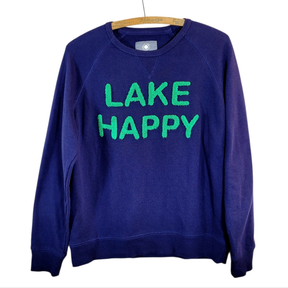 LAKE HAPPY Navy Blue Crewneck Sweatshirt Green Chenille Lettering SMALL - Picture 8 of 9